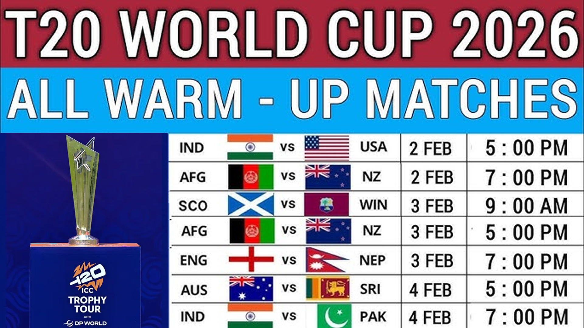 T20 World Cup 2026 warm-up matches
